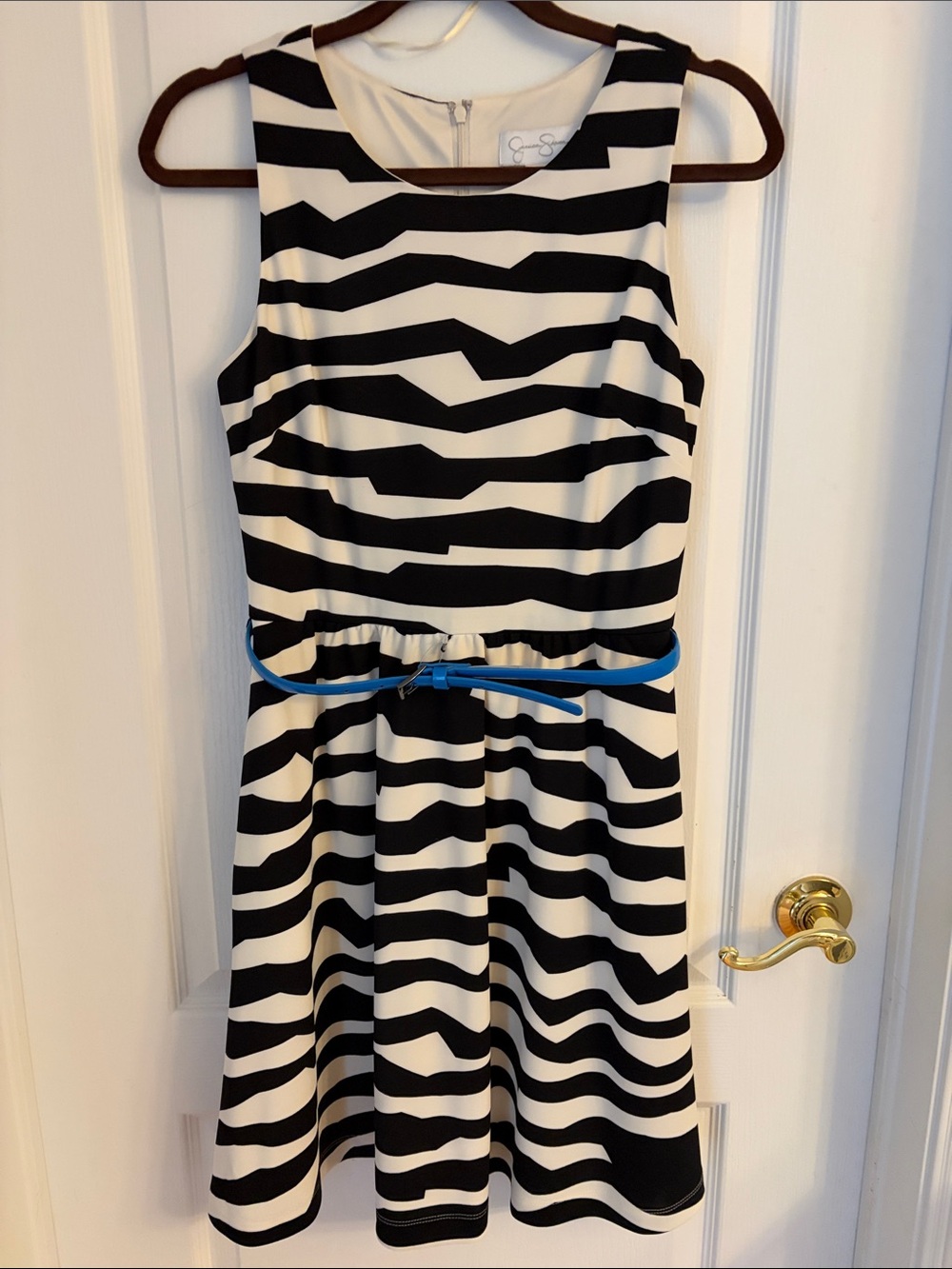 Jessica Simpson Black and White Striped Zebra Print Midi Dress with Blue Belt